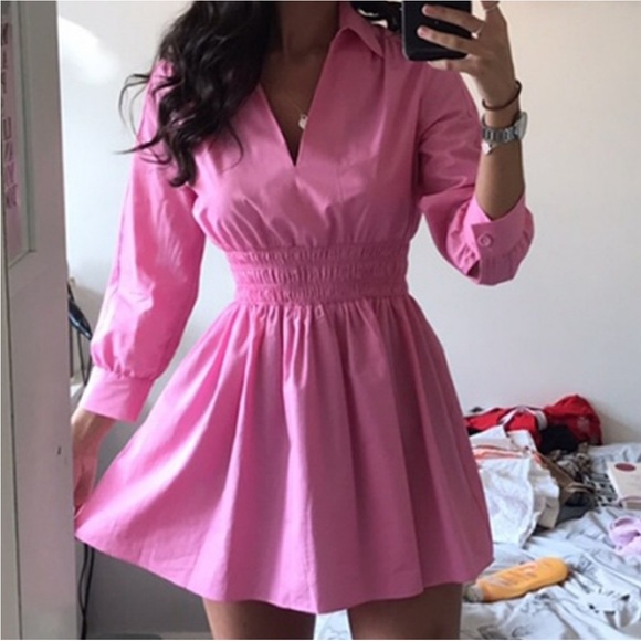 Zara collard v neck pink mini dress — smocked waist long sleeves skater dress - Picture 7 of 15